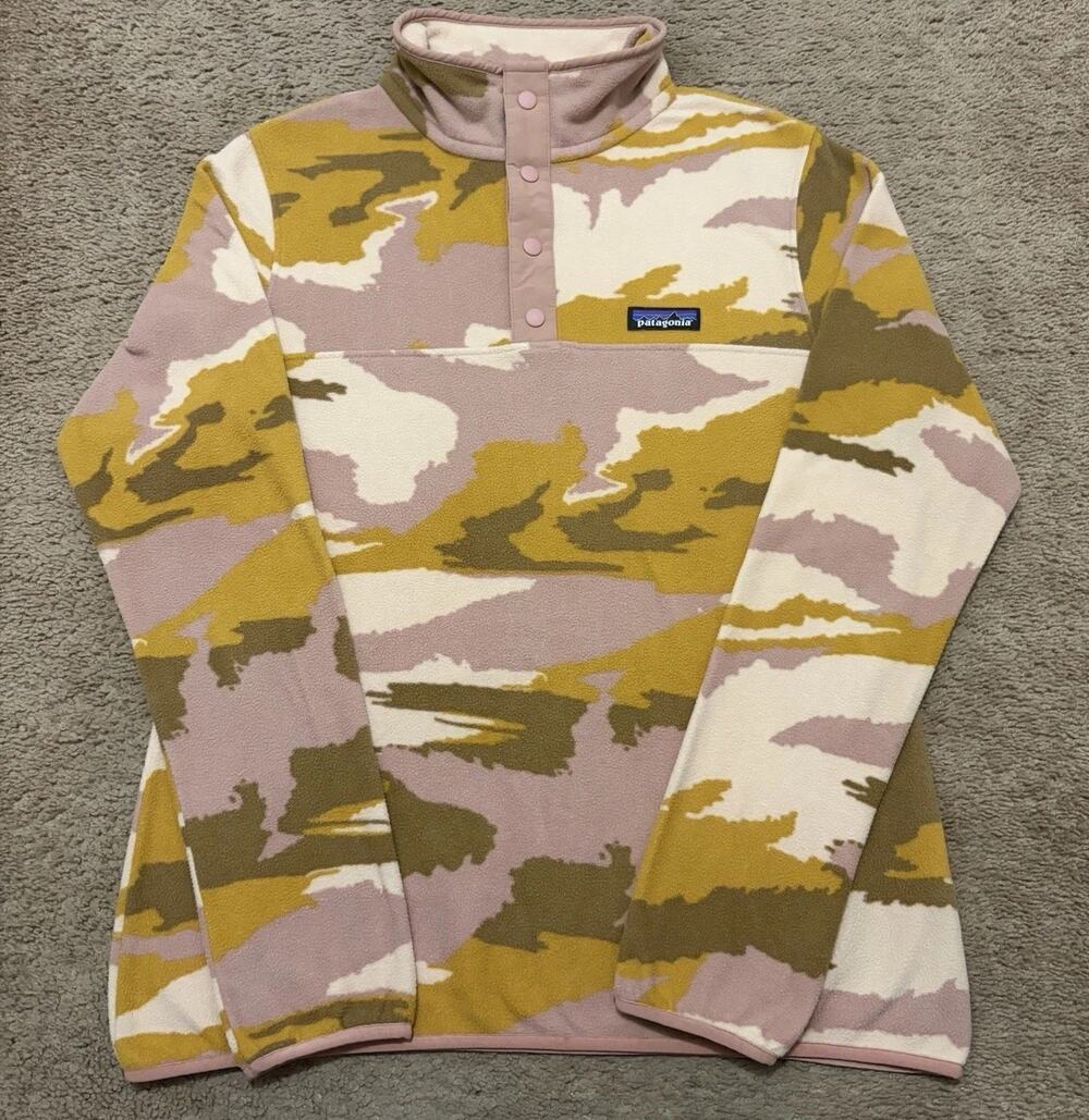 Patagonia Pink Orange Gold Camo Pullover Fleece Jacket Sz Medium